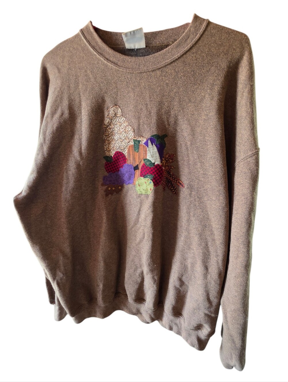 Lee Brown Crewneck Sweater with Colorful Patchwork Appliqué